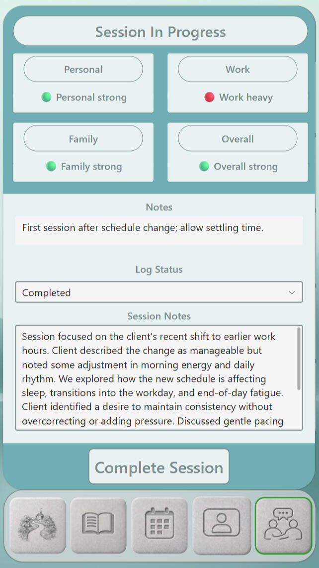 StillMind | Showcase Division — Session In Progress Session screen with four check-in tiles (Personal, Work, Family, Overall) showing colored dots and labels; Notes line; Log Status dropdown (Completed); Session Notes text box; Complete Session button.