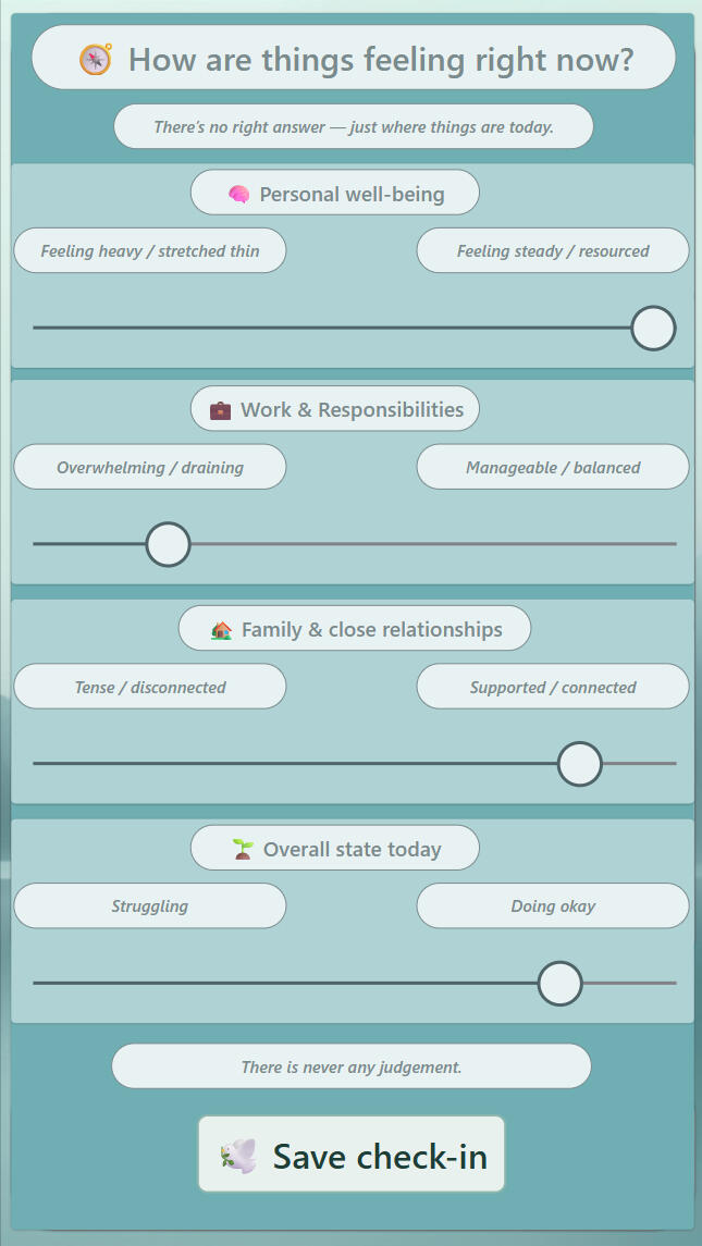StillMind | Showcase Division — Daily Check-In Client check-in screen with four horizontal sliders for personal wellbeing, work responsibilities, relationships, and overall state. Neutral helper text frames each scale; a save button records the check-in.