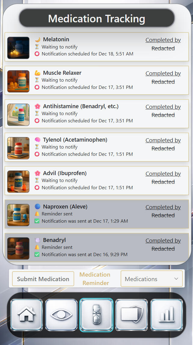 Axis | Showcase Division — Medication Tracking & Reminders Demonstrating medication tracking where reminders, status, and timing coordinate into a clear chronological view that supports adherence, awareness, and calm decision-making without cognitive overload.