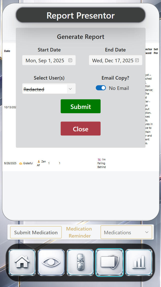 Axis | Showcase Division — Report Presenter Interface Demonstrating a report generation interface where date ranges, user scope, and delivery options coordinate to produce structured health summaries without leaving the application.