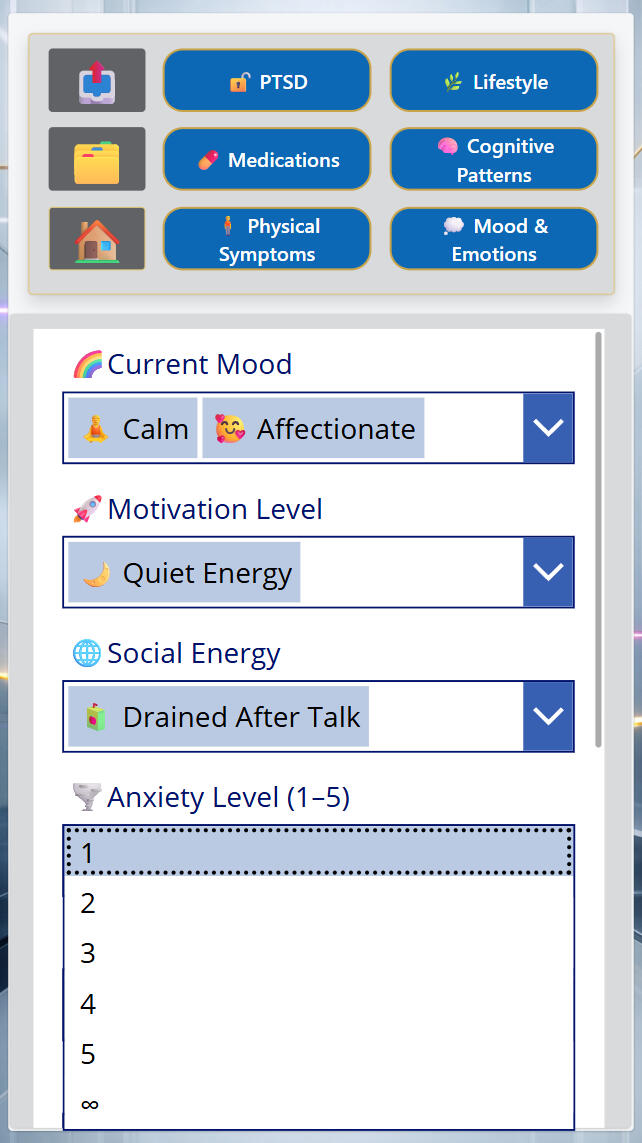 Axis | Showcase Division — Daily Entry Capture Demonstrating a structured daily entry interface where mood, motivation, social energy, anxiety, and symptoms are captured quickly in a human-readable format for continuity over time.
