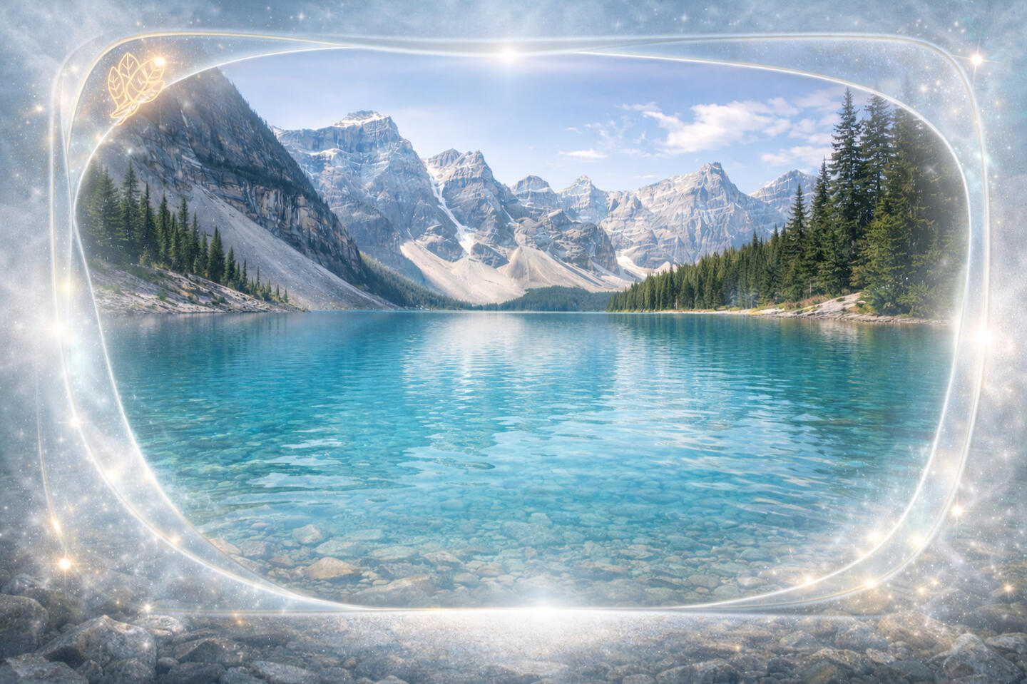 StillMind | Showcase Division — Stillwater Containment Turquoise alpine lake with clear water and rocky shore, backed by snowcapped peaks and evergreen forest under a bright sky, seen through a glowing rounded glass frame with soft sparkles along the edges.