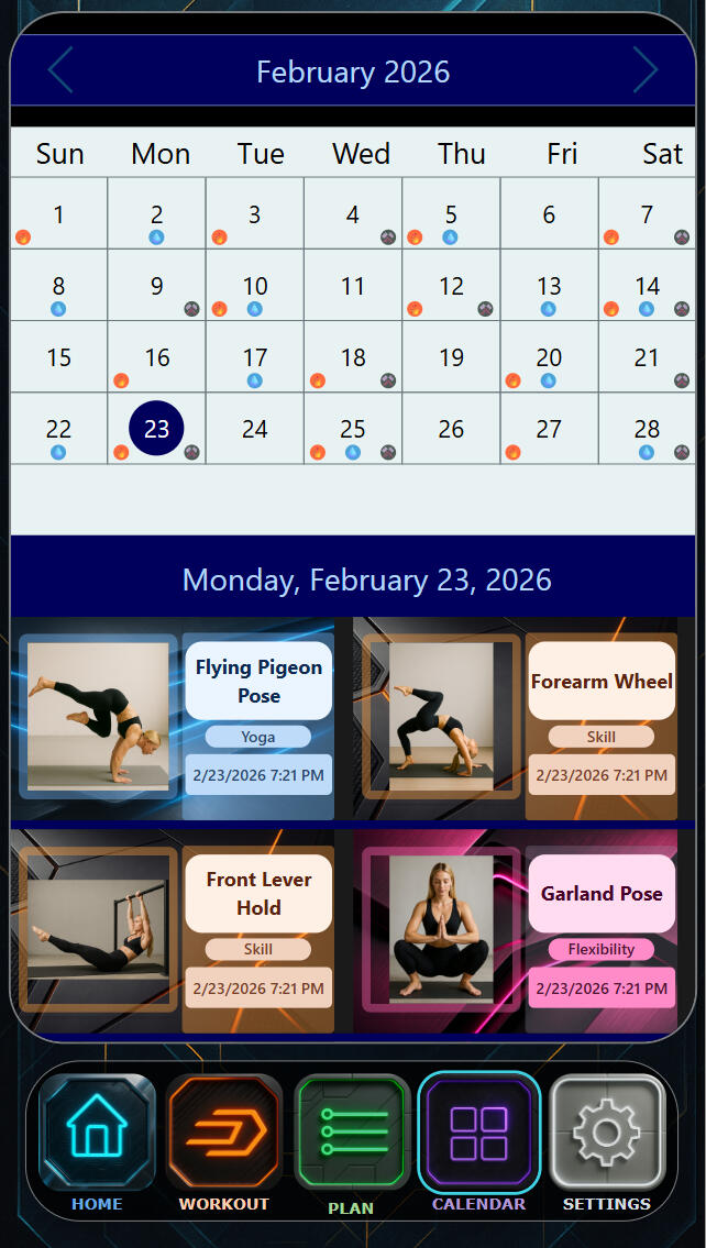 Kinetic Prime | Showcase Division — Performance Calender Kinetic Prime calendar view displaying February 2026 training history with daily activity markers, selected date details, and categorized exercise cards showing timestamps and movement types.