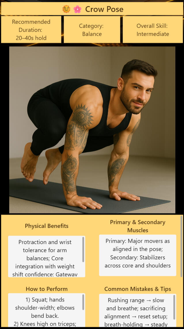 Kinetic Prime | Showcase Division — Exercise Profile Kinetic Prime detailed exercise profile for Crow Pose displaying recommended duration, skill level, category, physical benefits, muscle engagement breakdown, execution steps, and common mistake guidance.