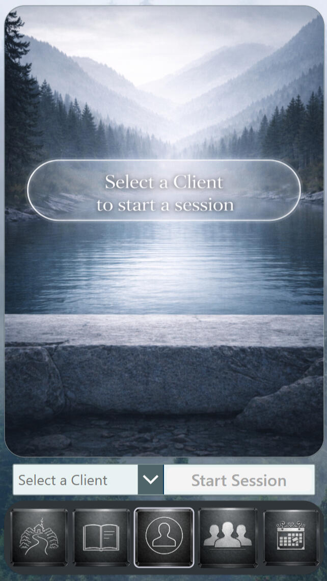 StillMind Supervisor | Showcase Division — Start Session Session entry screen prompting client selection via dropdown before the start button becomes active. Prevents starting a session without an intentional selection; navigation remains visible.