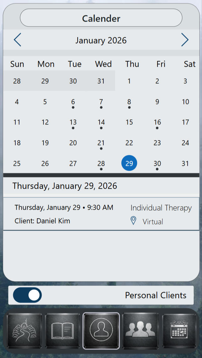 Calendar filtered to personal clients showing a monthly grid with session indicators. Selecting a date reveals only relevant appointments with time, modality, and delivery format in a pared-back layout.