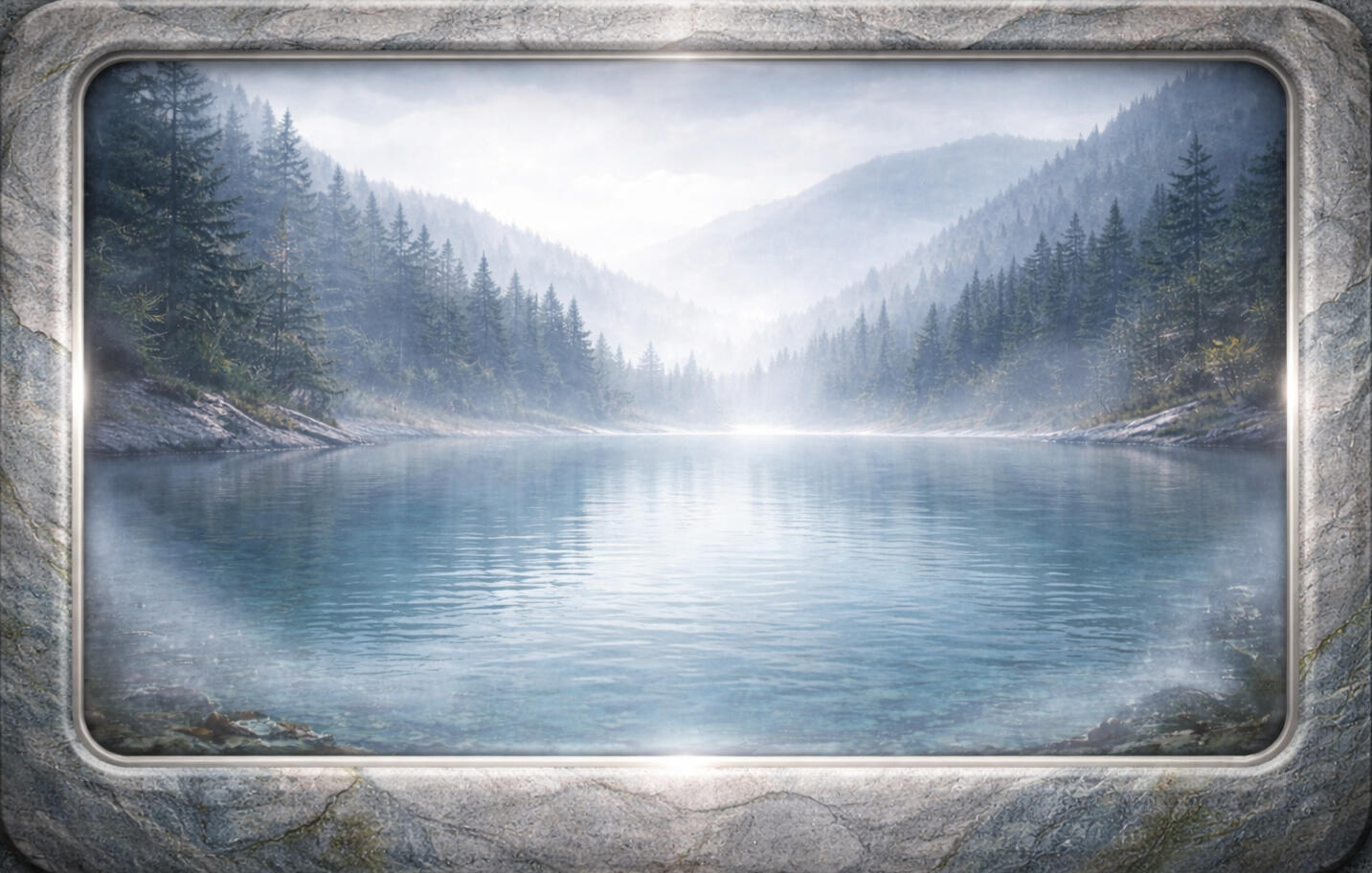 Mist-covered mountain lake framed by a carved stone border with rounded corners. Calm blue water reflects a pale sky, with dense evergreen forests rising on both sides into layered, fog-softened hills and distant peaks.