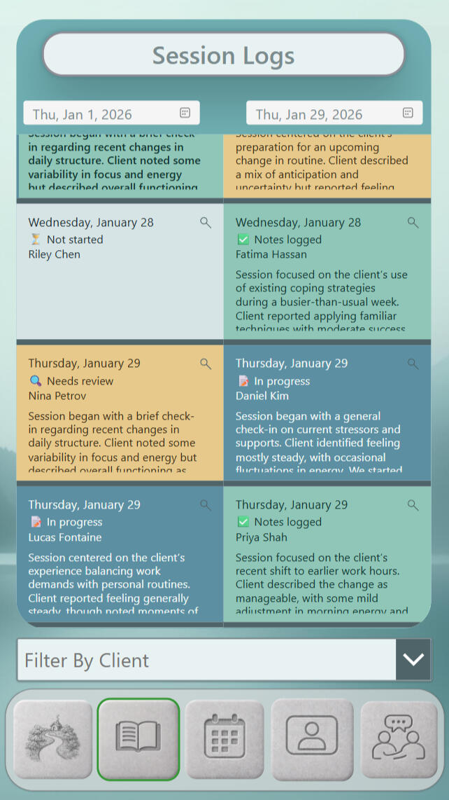 StillMind | Showcase Division — Session Logs Log view showing session note cards across a selected date range, grouped by day. Each card shows client name, documentation status, and a short preview. Search and client filters narrow results without leaving the list.