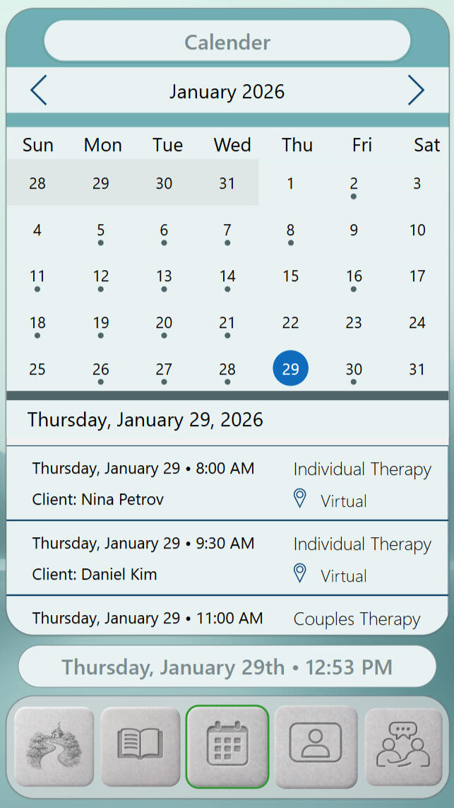 StillMind | Showcase Division — Calendar Monthly calendar with subtle markers on days with sessions. Selecting a date highlights it and reveals a chronological list below with time, client name, therapy type, and modality for that day.