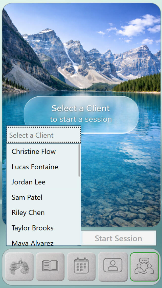StillMind | Showcase Division — Start Session Entry screen with a client-selection dropdown over a landscape background. A single start button sits below the selector; navigation remains visible for returning to other areas.
