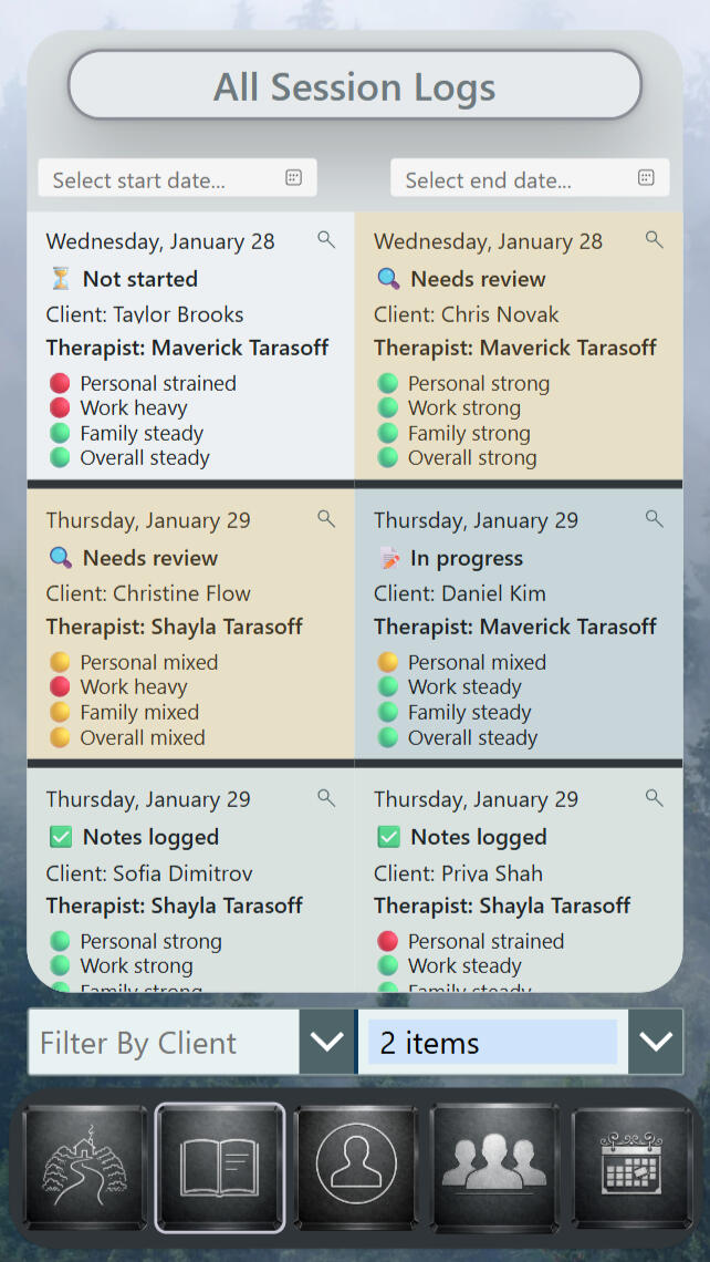 StillMind Supervisor | Showcase Division — All Session Logs Scrollable log stream with start/end date filters and status labels (not started/in progress/requires review/completed). Each entry shows client and therapist attribution plus brief indicators for quick prioritization.