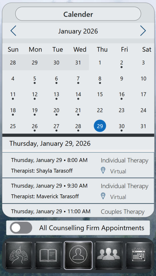 StillMind Supervisor | Showcase Division — Calendar Monthly calendar with markers for scheduled sessions. Selecting a date reveals a chronological appointment list including time, therapist, modality, and delivery format, supporting capacity awareness at a glance.