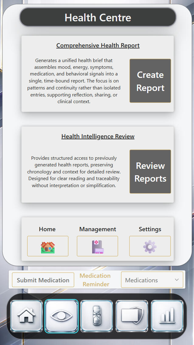Axis | Showcase Division — Health Centre Navigation Hub Demonstrating a centralized health navigation interface where reports, reviews, medications, and settings connect into a clear hub for managing personal health intelligence without friction.