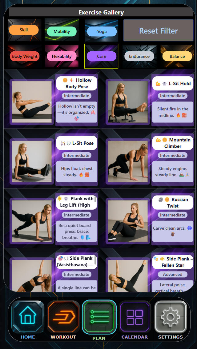Kinetic Prime | Showcase Division — Exercise Gallery Kinetic Prime exercise gallery with filtered movement categories including skill, mobility, yoga, and core, displaying structured exercise cards with images, difficulty level, and brief performance cues.